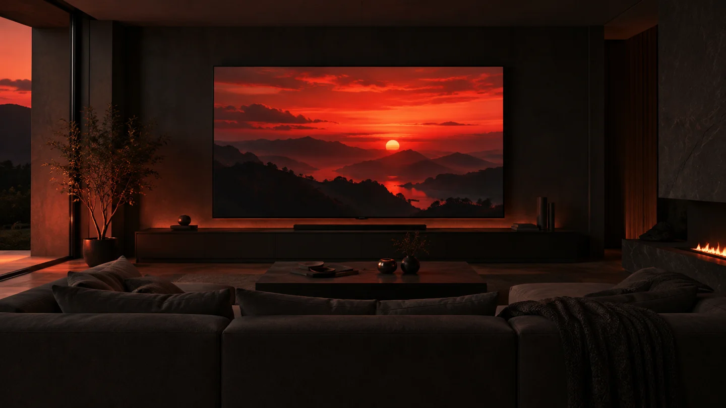 Sala de cinema em casa, com iluminação vermelha e uma paisagem ao pôr do sol na televisão