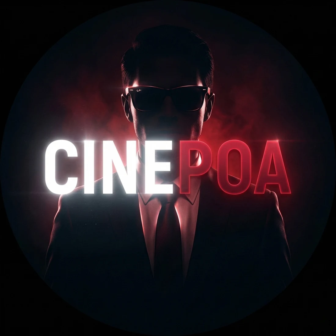 Identidade CINEPOA: figura de terno e óculos com iluminação cinematográfica vermelha
