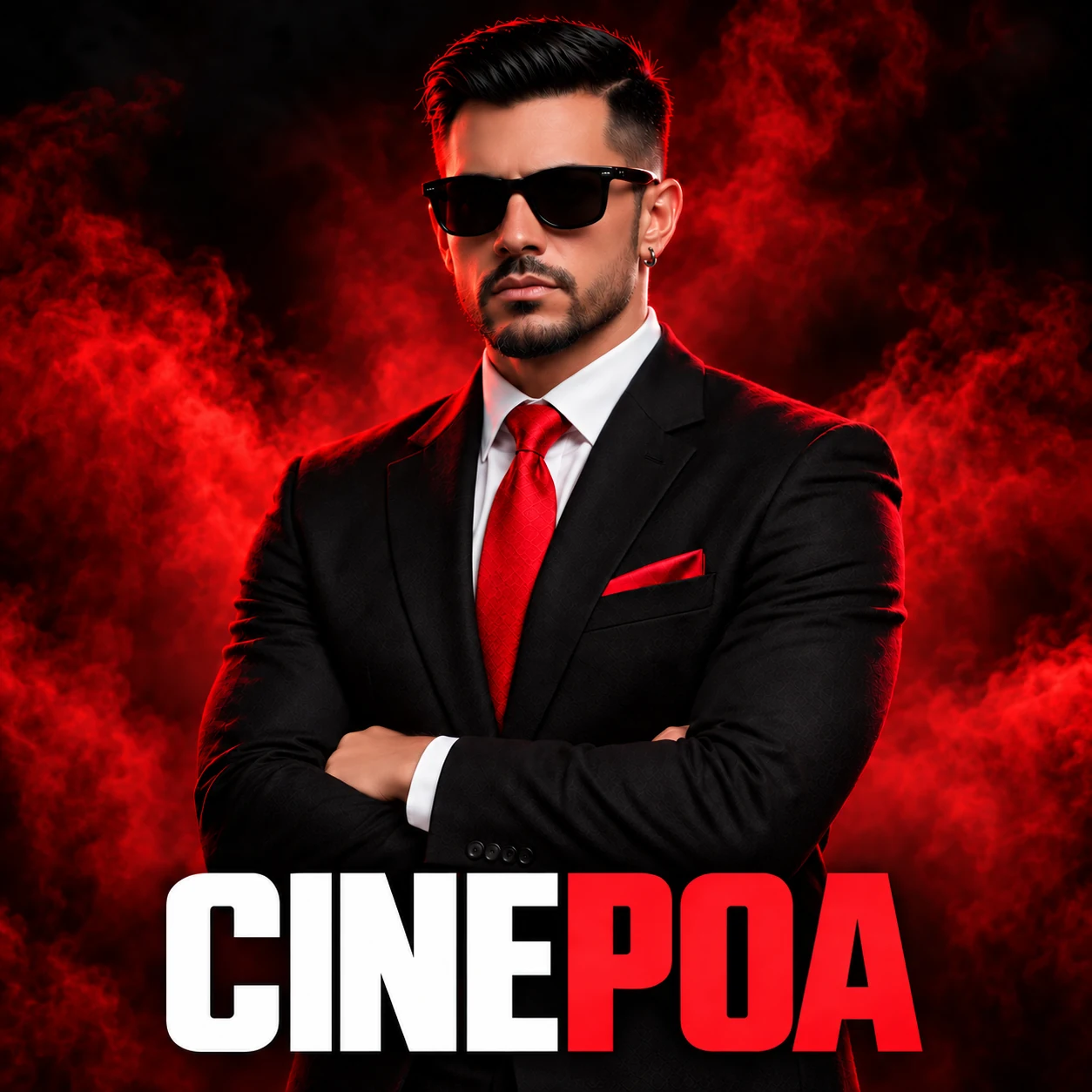 Arte CINEPOA para revendedores: personagem de braços cruzados, óculos escuros, argola prateada e lenço vermelho sobre névoa vermelha